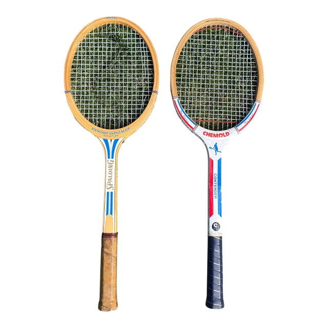 Pair of Colorful Vintage Wooden Tennis Rackets For Sale