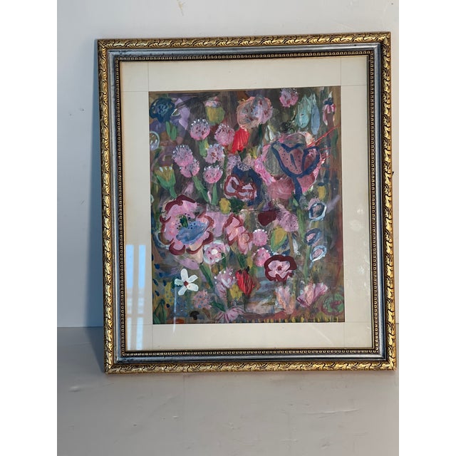 Abstract Abstract Multicolor Floral Painting in Gold Frame by Elia For Sale - Image 3 of 6