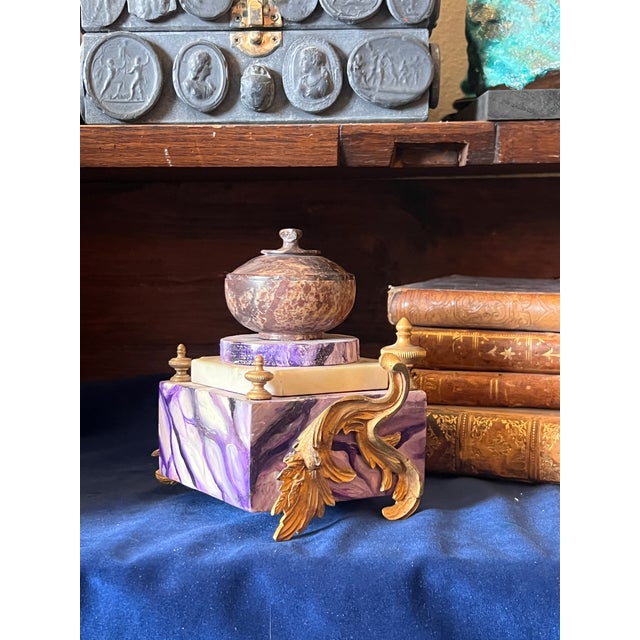 Stone Napoleon III Style French Inkwell With Gilt Bronze Appliques and Marble Basin For Sale - Image 7 of 11