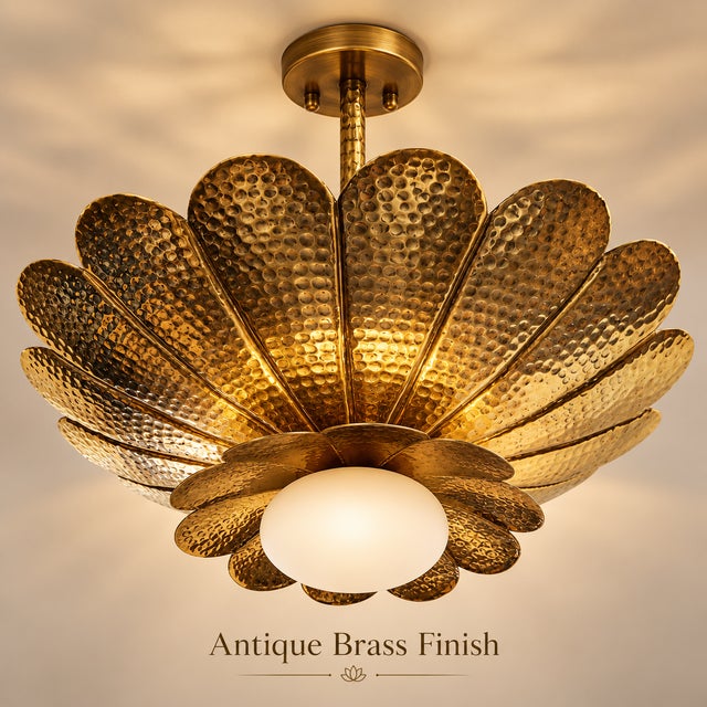 Art Deco Handmade Brass Flower Chandelier, Hammered Lotus Ceiling Light, Antique Brass Floral Pendant, Art Deco Luxury Ceiling Fixture 28 Inches For Sale - Image 3 of 14