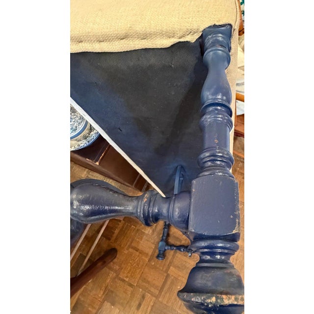 Early 20Thc Blue Painted Base & Linen Covered Seat For Sale - Image 9 of 11