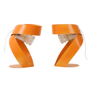 Vintage Orange Table Lamps in Molded Metal, 1960s, Set of 2 For Sale