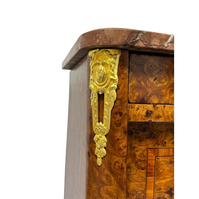 Wood Antique French Empire Cabinet in Burl Walnut with Pink Marble Top and Gilt Bronze Decoration, France, 1900s For Sale - Image 7 of 9