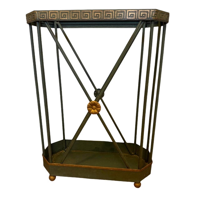Italian heavy weight tole umbrella stand. Green with gilded accents. Greek key trim. Ball feet.