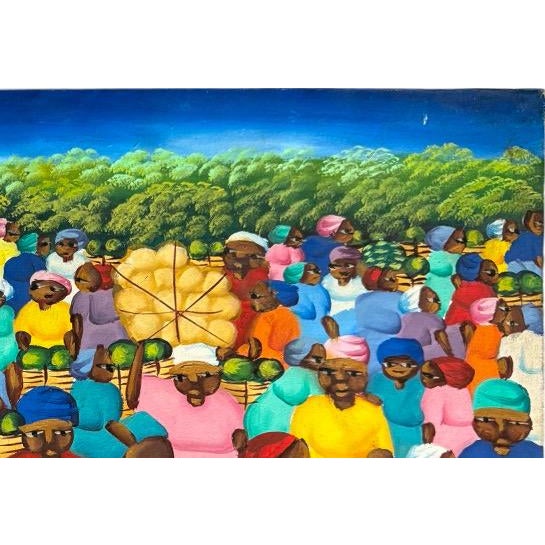Late 20th Century Vintage Haitian Folk Art Market Scene Oil Painting Signed F. Ambroise For Sale - Image 5 of 8