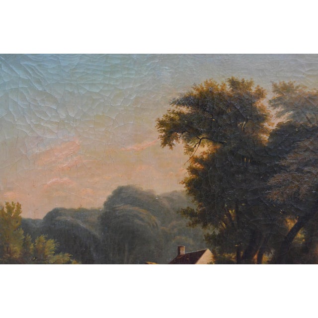 Textile 19th Century French School – Large Oil on Canvas - Animated Landscape With Cottage For Sale - Image 7 of 11