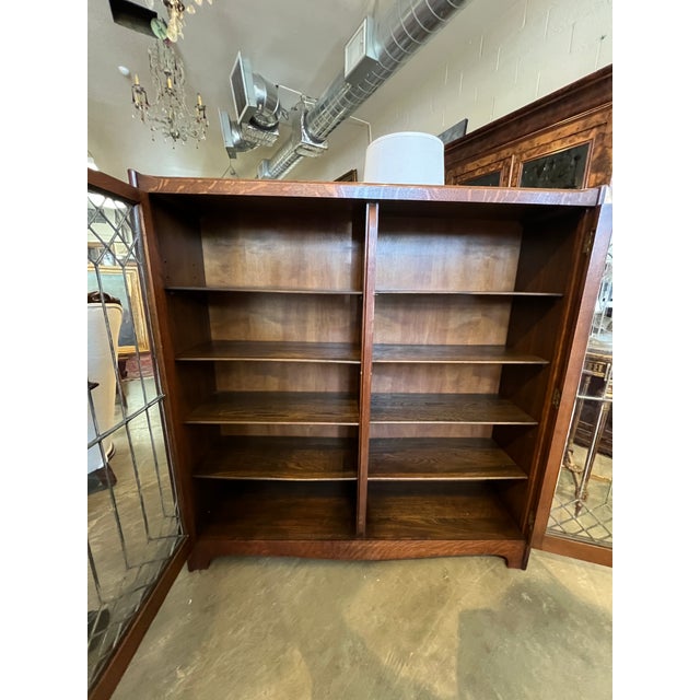 1910 Arts & Crafts Mission Style Double-Door Leaded Glass Bookcase For Sale - Image 4 of 9