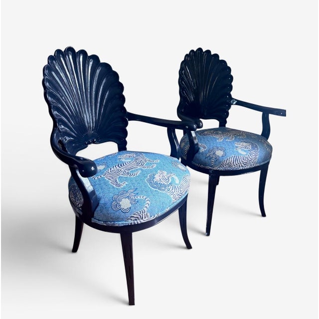 Gorgeous vintage grotto chairs with hand carved shell back and have been lacquered and reupholstered. Works in the dining...
