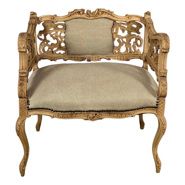 Antique Venetian Rococo Pierced Bench Settee- Hand Carved Bleached Walnut For Sale