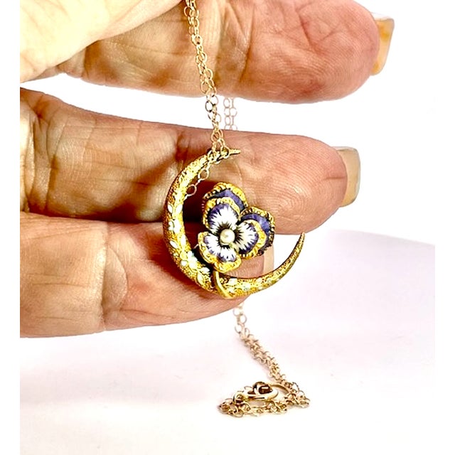 Metal Art Nouveau Antique Pansy Pendant Necklace With Crescent Moon Design For Sale - Image 7 of 10