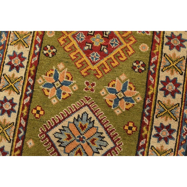 Kazak Runner 2’1” X 5’11” Green Wool Tribal Hand-Knotted Oriental Rug For Sale - Image 4 of 10
