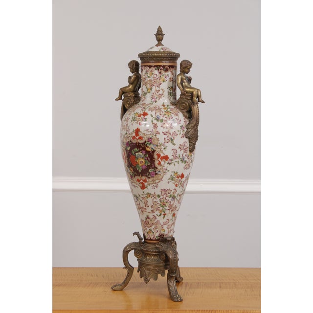 Pair Castilian Porcelain & Bronze French Style Lidded Urns For Sale - Image 4 of 18