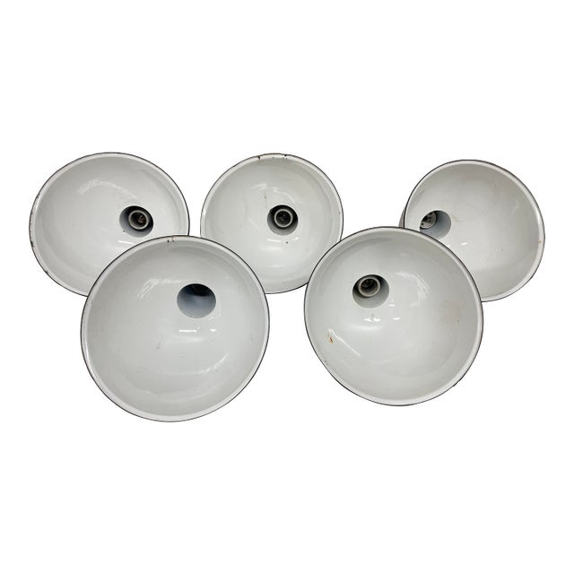 1950s White Porcelain Enamel Printing Press Factory Pendant Shades - Set of 5 For Sale