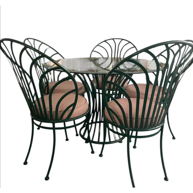 Elegant Vintage-Style Five-Piece Powder-Coated Green Wrought Iron Dining Set For Sale - Image 4 of 7