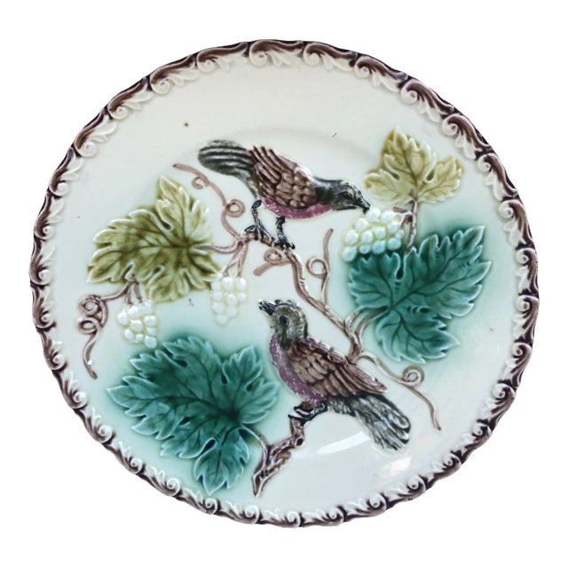 German Majolica Birds & Grapes Plate Circa 1900 For Sale