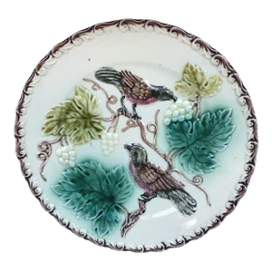 German Majolica Birds & Grapes Plate Circa 1900