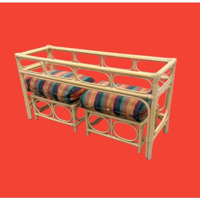 Boho Chic 1970s Vintage Coastal Bamboo & Rattan Console Table With Matching Ottomans For Sale - Image 3 of 9