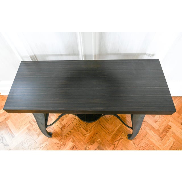 Late 20th Century Industrial Trestle Console Table With Macassar Ebony Top and Antique Lathe Base For Sale - Image 5 of 11