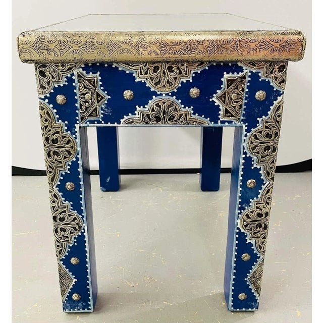Boho Chic Style Moroccan Blue & Silver Rectangular Side or End Table, Pair For Sale - Image 12 of 13