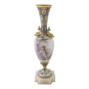 19th Century French Sevres Porcelain Vase With Champleve Bronze Mounts, Signed Armand