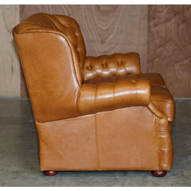 Small Wide Tan Leather Tufted Chesterfield Sofa with High Back For Sale - Image 13 of 18