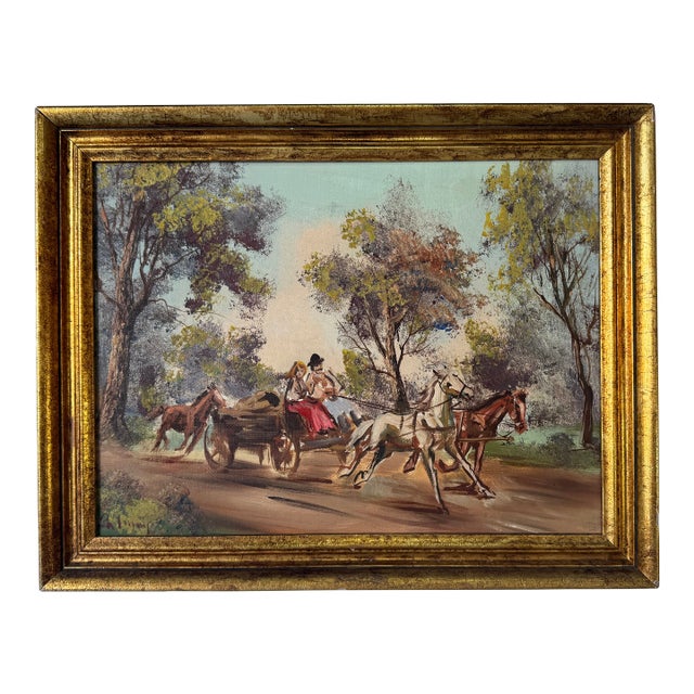 1970s Vintage Country Impressionist Horse & Carriage Oil on Canvas Painting – Frame For Sale