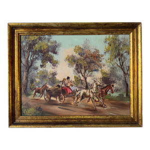 1970s Vintage Country Impressionist Horse & Carriage Oil on Canvas Painting – Frame