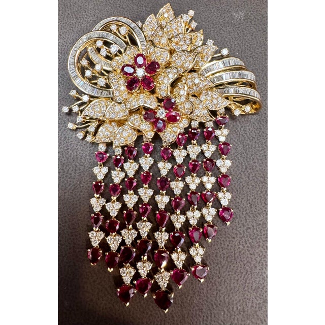 Vintage 18 Ct Diamond & 15 Ct Ruby Floral Broach 52.8 GM 18 Karat Yellow Gold For Sale - Image 9 of 18