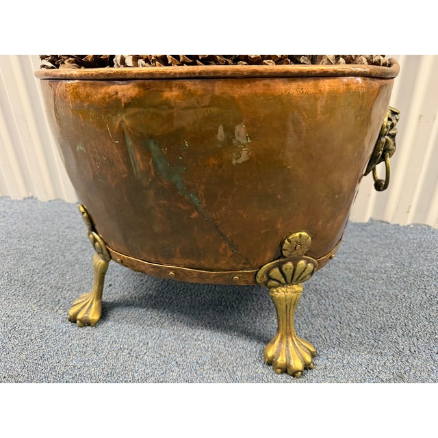 Antique Copper & Brass Kindling and Wood Holder – Lion Head Ring Pulls & Claw Feet For Sale - Image 4 of 7