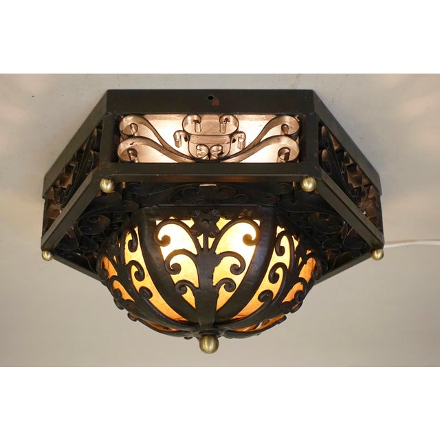 Spanish Revival 1950s Spanish Revival Mica Wrought Iron Brass Elaborate Octagon Light Ceiling Lamp For Sale - Image 3 of 11