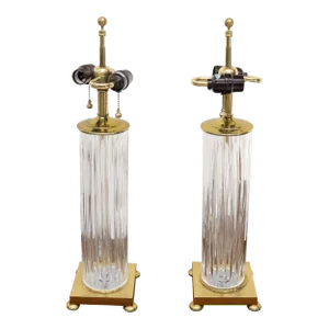 Pair of Fine Cut Glass Crystal Cylinder Shape Table Lamps on Brass Bases