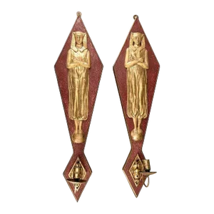 French Egyptian Revival Gilt Paster, Wood and Brass Candle Wall Sconces - a Pair
