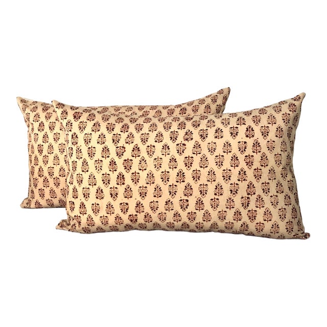 Vintage Orange Hand-Blocked Indian Print Decorative Long Bolsters Pillows - Set of 2 For Sale