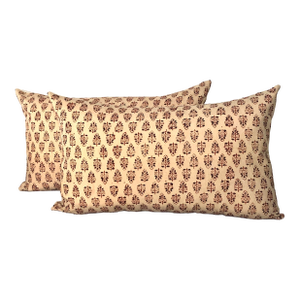 Vintage Orange Hand-Blocked Indian Print Decorative Long Bolsters Pillows - Set of 2