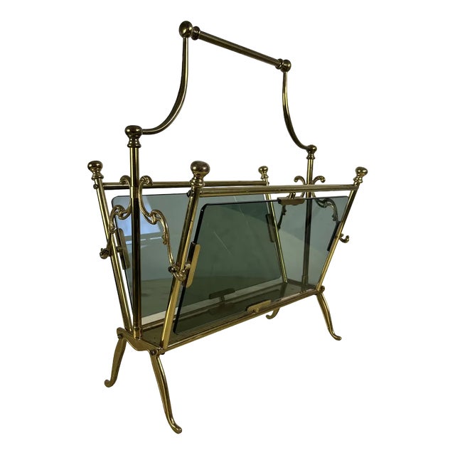 French Brass and Glass Magazine Rack, 1960 For Sale