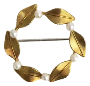 Mid 20th Century Pearl Pin Brooch With Leaves