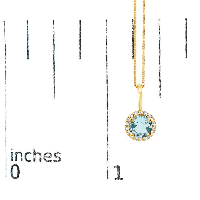 Early 21st Century 10K Yellow Gold Blue Aquamarine and 1/10 Cttw Diamond Accent Halo Pendant Necklace For Sale - Image 5 of 5
