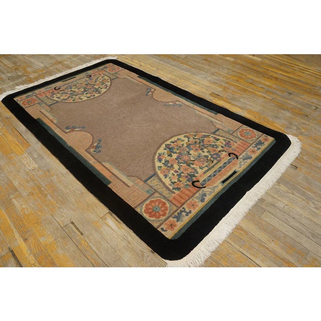 Art Deco 1920s Tan Ecru Medallion Antique Chinese Art Deco Carpet 4' X 6' 9'' Knotted Wool Rug For Sale - Image 3 of 12