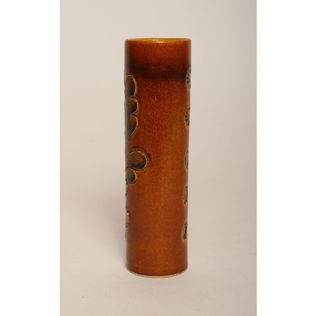 Vintage Studio Pottery Sunburst and Botanical Motif Matte Amber Glazed Vase For Sale In New York - Image 6 of 18