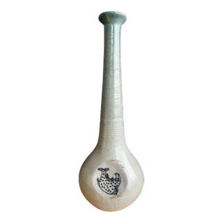 Vintage Studio Vase Tall Neck Dimple Fish Drawn Design For Sale