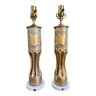 Early 20th Century French Wwi Trench Art Brass Artillery Shell Lamps With Italian Marble Bases - a Pair For Sale