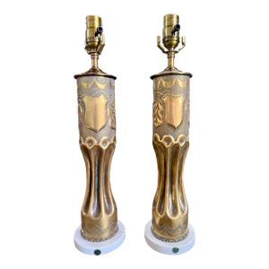 Early 20th Century French Wwi Trench Art Brass Artillery Shell Lamps With Italian Marble Bases - a Pair