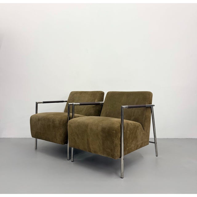 Vintage MCM Chrome & Suede Lounge Chairs - Pair For Sale In West Palm - Image 6 of 9