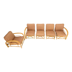 5 Pieces Set of Mid Century Rattan Bamboo Sectional Sofa & Arm Longe Chair