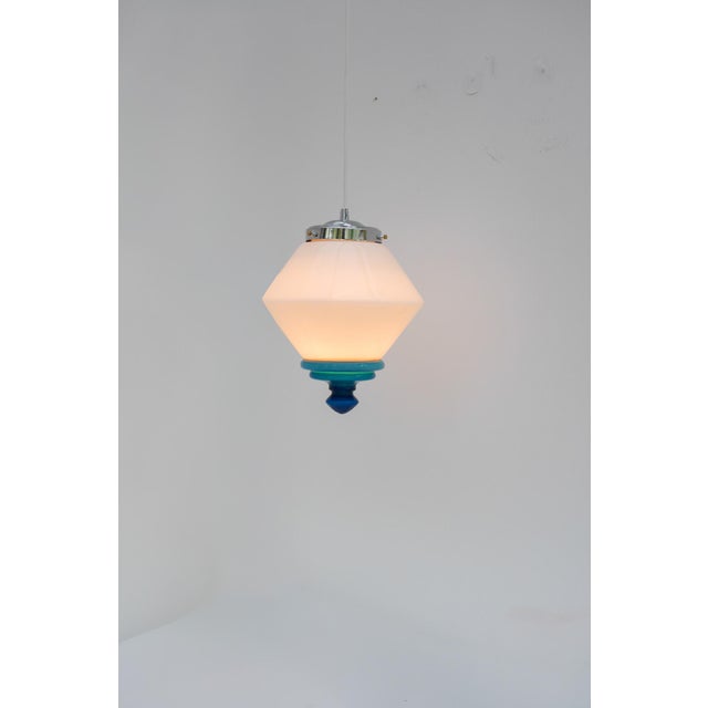 Scandinavian Art Deco Milk Glass Pendant Light with Azure Blue Details, 1930s For Sale - Image 5 of 17