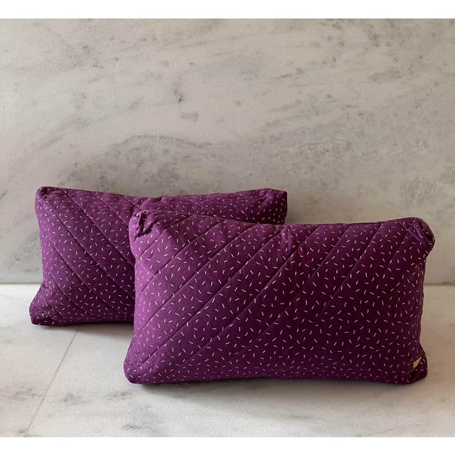 Set of 2 lumbar pillow covers made from thick vintage fabric and exposed chunky zipper closer. Purple fabric with silver...