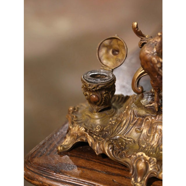 Bronze 19th Century French Gilt Spelter Inkwell With Rooster Sculpture Signed A. Bossu For Sale - Image 8 of 12