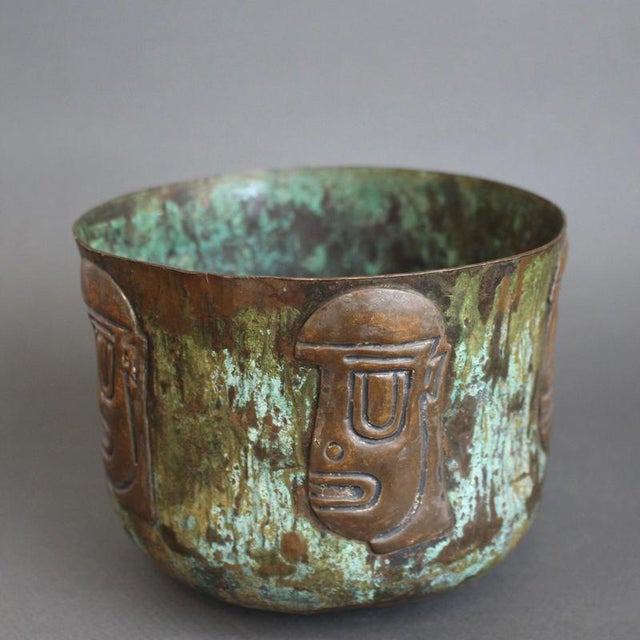 Hammered Copper Cachepot with Ancestral Face Frieze by Graziella Laffi, 1960s-1970s For Sale - Image 12 of 12