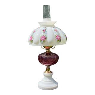 Vintage Hurricane Gone With the Wind Style Table Lamp – Rose Floral Glass & Ruby Red Base For Sale