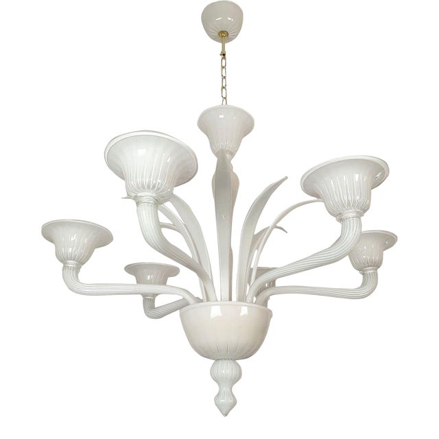1970s Attributed to Venini White Murano Glass Chandelier For Sale